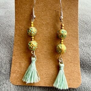 Artisan Gold and Green Beaded Tassel Earrings